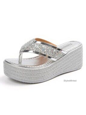 Women's PU Platform Wedge Flip Flop Sandals Sparkly Glitter Summer Comfort